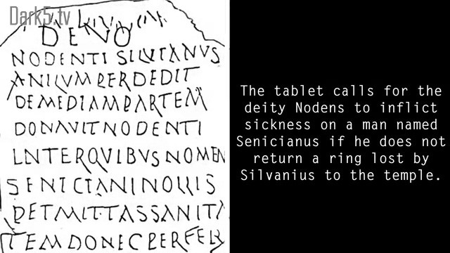 The tablet calls for the deity Nodens to inflict sickness on a man named Senicianus if he does not return a ring lost by Silvanius to the temple.