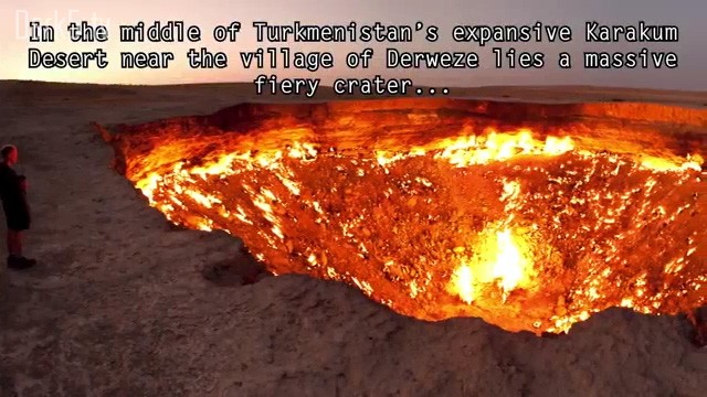 In the middle of Turkmenistan's expansive Karakum Desert near the village of Derweze lies a massive fiery crater...