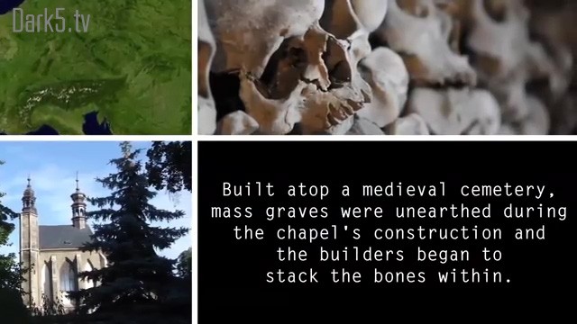 Built atop a medieval cemetary, mass graves were unearthed during the chapel's construction and the builders began to stack the bones within.