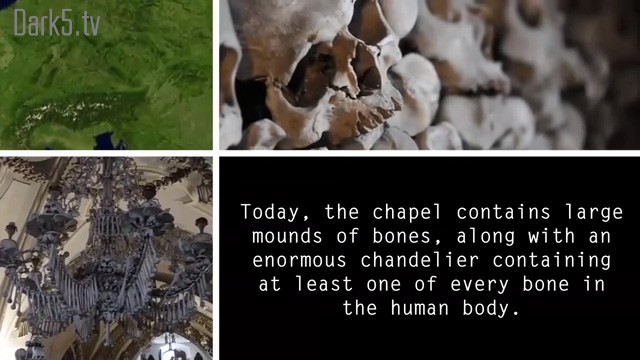 Today, the chapel contains large mounds of bones, along with an enormous chandelier containing at least one of every bone in the human body.