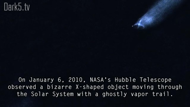 On January 6, 2010, NASA's Hubble Telescope observed a bizarre X-shaped object moving through the Solar System with a ghostly vapor trail.