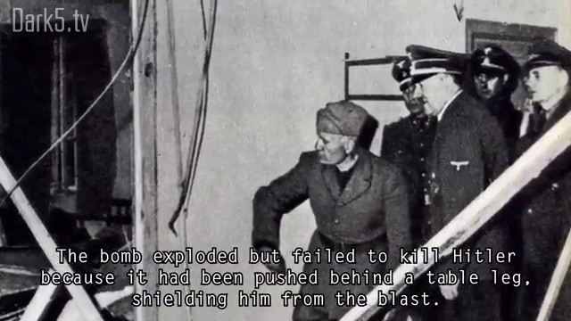 The bomb exploded but failed to kill Hitler because it had been pushed behind a table leg, shielding him from the blast.