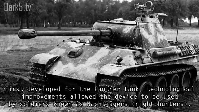First developed for the Panther tank, technological improvements allowed the device to be used by soldiers known as Nachtjagers (night-hunters).